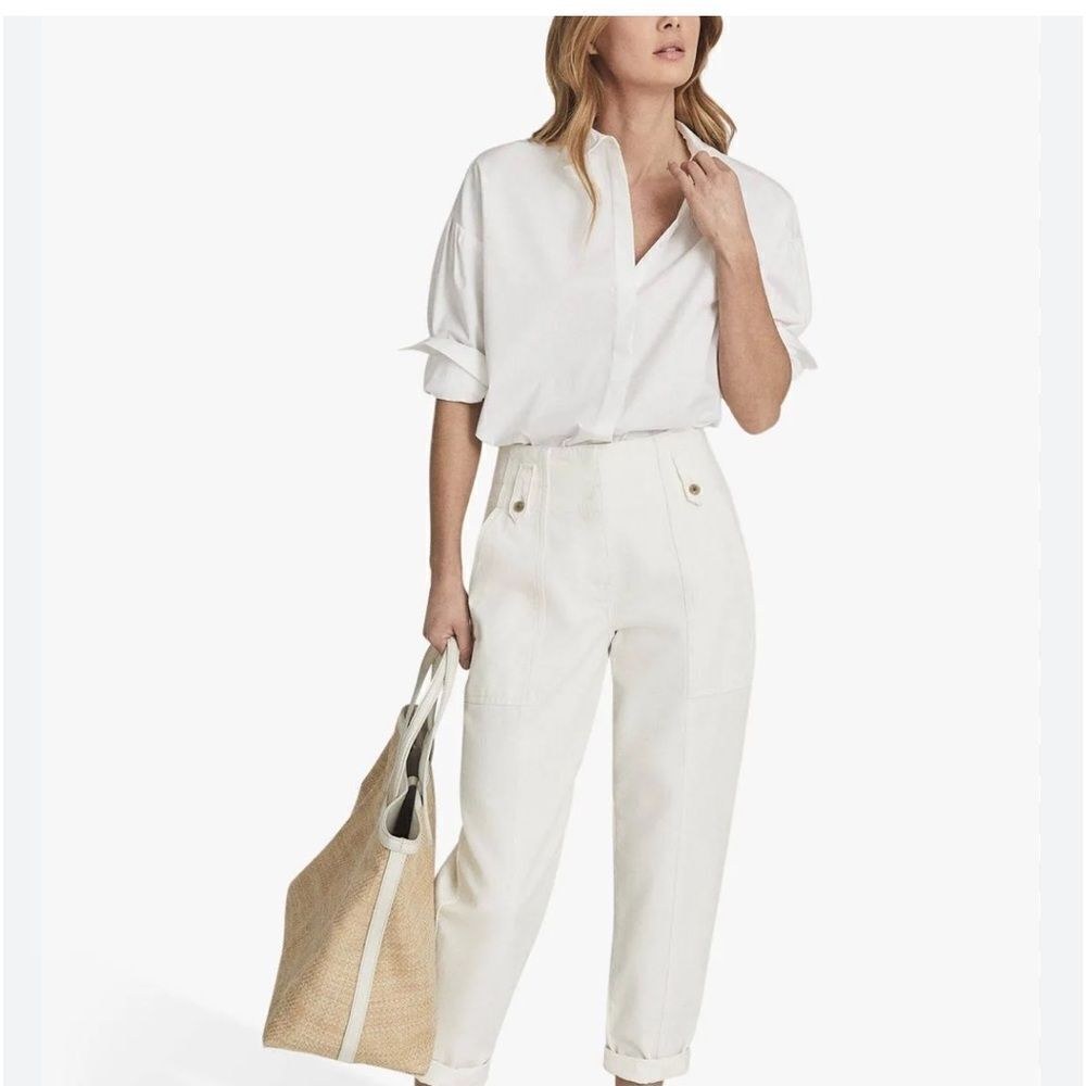 Reiss Alana‎ Tapered Cargo Trouser Size 12 white straight leg jeans  $298